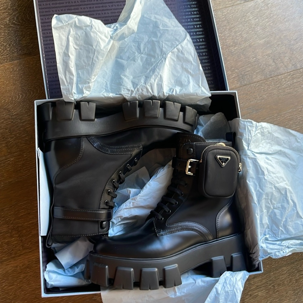 Prada Monolith Combat Boots with Pouches Black Leather & Nylon Size 39.5